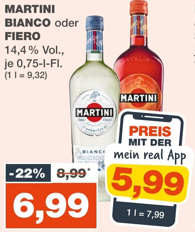 MARTINI BIANCO oder FIERO 750ml Angebot bei mein real