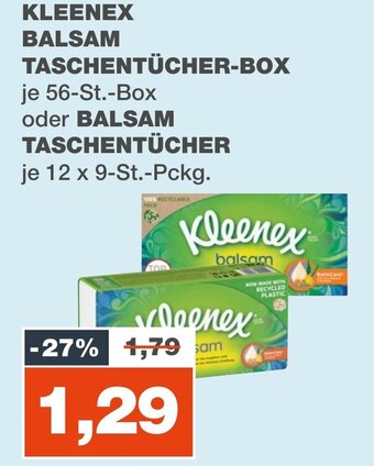 mein real KLEENEX BALSAM TASCHENTÜCHER je 56-St.-Box oder BALSAM TASCHENTÜCHER je 12 x 9-St.-Pckg. Angebot
