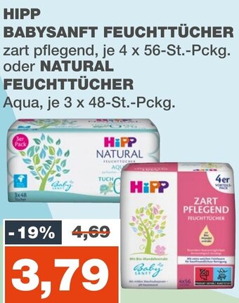 mein real HIPP BABYSANFT FEUCHTTÜCHER zart pflegend, je 4 x 56-St.-Pckg. oder NATURAL FEUCHTTÜCHER Aqua, je 3 x 48-St.-Pckg. Angebot