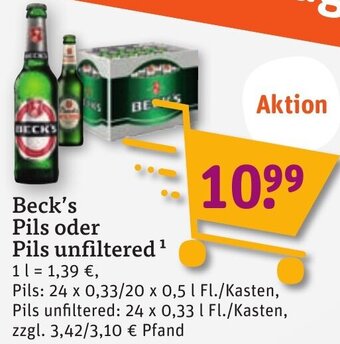 tegut Beck's Pils oder Pils unfiltered 24x0,33/20x0,5 L Angebot