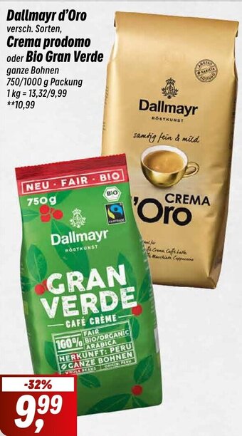 Simmel Dallmayr d'Oro, Crema prodomo oder Bio Gran Verde 750/1000 g Packung Angebot