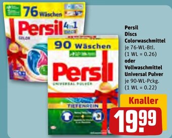 REWE Persil Discs Colorwaschmittel 76-WL-Btl. oder Vollwaschmittel Universal Pulver 90-WL-Pckg. Angebot