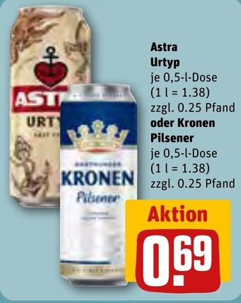 REWE Astra Urtyp 0,5-l-Dose oder Kronen Pilsener 0,5 l Dose Angebot