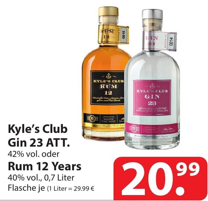 Kyle's Club Gin 23 ATT. 42 vol. oder Rum 12 Years 40 vol., 0,7 L