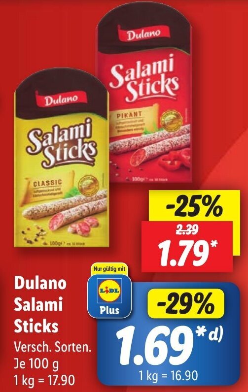 Dulano Salami Sticks 100 g Angebot bei Lidl