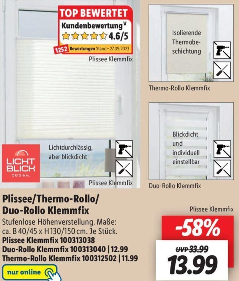 LICHT BLICK Plissee/ThermoRollo/ DuoRollo Klemmfix Angebot bei Lidl