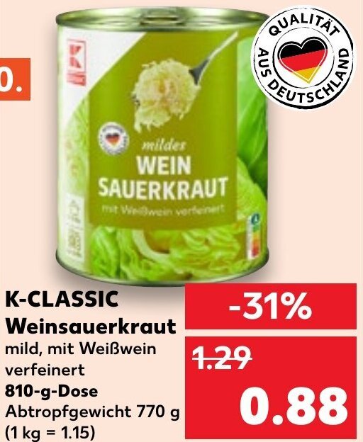 KCLASSIC Weinsauerkraut 810 g Dose Angebot bei Kaufland