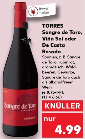 Kaufland TORRES Sangre de Toro, Viña Sol oder De Casta Rosado 0,75 L-Fl. Angebot