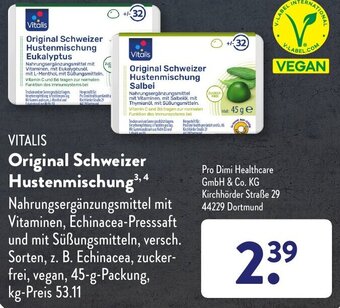 Aldi Süd VITALIS Original Schweizer Hustenmischung 45 g Packung Angebot