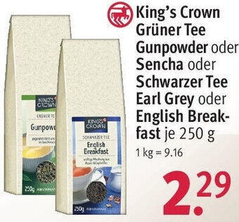 Rossmann King's Crown Grüner Tee Gunpowder oder Sencha oder Schwarzer Tee Earl Grey oder English Breakfast 250 g Angebot