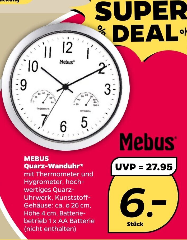 Orologio Da Parete Mebus Al Quarzo Con Termometro E Igrometro – Cornice Argento, Quadrante Bianco, 25 Cm Di Diametro