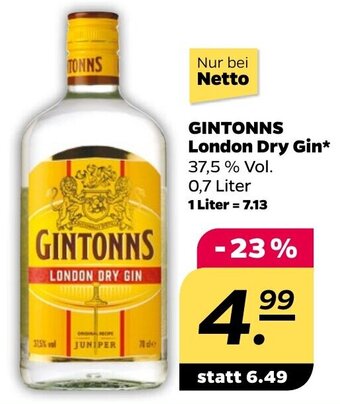 NETTO GINTONNS London Dry Gin 0,7 Liter Angebot