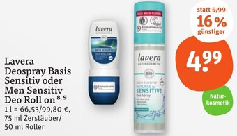 tegut Lavera Deospray Basis Sensitiv oder Men Sensitiv Deo Roll on 75 ml/50 ml Angebot