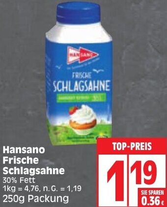 Edeka Hansano Frische Schlagsahne 250 g Packung Angebot
