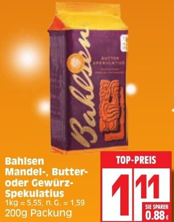 Edeka Bahlsen Mandel, Butter-oder Gewürz-Spekulatius 200 g Packung Angebot