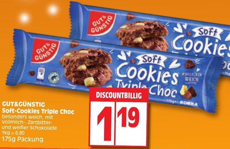 GUT&GÜNSTIG SoftCookies Triple Choc 175g Packung Angebot bei Edeka