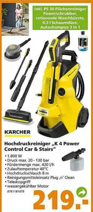 Globus Baumarkt Kärcher Hochdruckreiniger K4 Power Control Car & Stairs Angebot