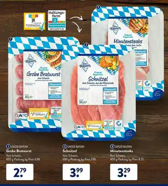 Aldi Süd Unser Bayern Grobe Bratwurst, Schnitzel Oder Minutensteaks Angebot