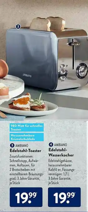 Aldi Süd Ambiano Edelstahl-toaster Oder -wasserkocher Angebot