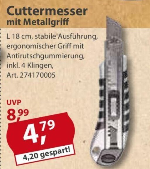 Cuttermesser mit Metallgriff L 18 cm Angebot bei Sonderpreis Baumarkt