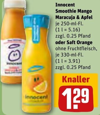 REWE Innocent Smoothie Mango Maracuja & Apfel 250-ml-Fl. oder Saft Orange 330 ml Fl. Angebot