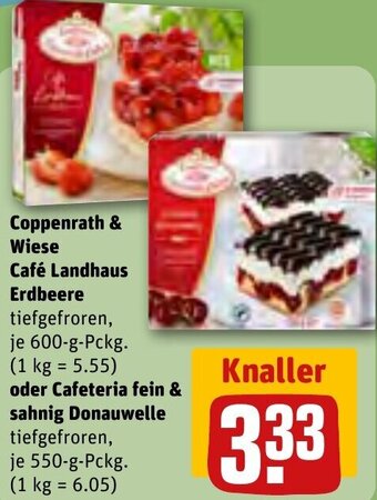 REWE Coppenrath & Wiese Café Landhaus Erdbeere 600 g oder Cafeteria fein & sahnig Donauwelle 550 g Pckg. Angebot