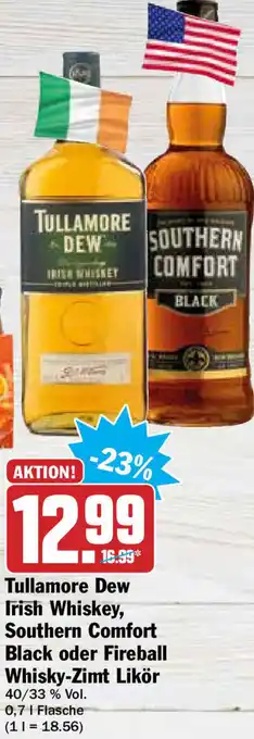 Hit Tullamore Dew Irish Whiskey, Southern Comfort Black oder Fireball Whisky Zimt Likör 0,7L Angebot