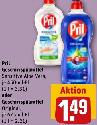 REWE Pril Geschirrspülmittel Sensitive Aloe Vera, 450 ml oder Geschirrspülmittel Original, 675 ml Fl. Angebot