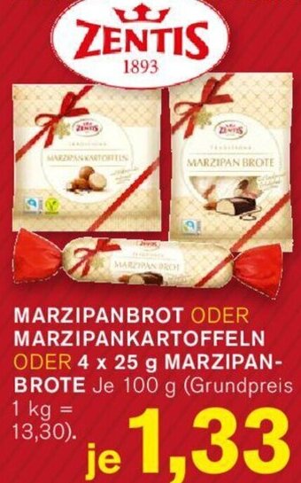 KODi ZENTIS MARZIPANBROT ODER MARZIPANKARTOFFELN ODER 4 x 25 g MARZIPAN-BROTE 100 g Angebot