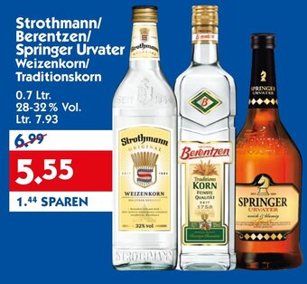 Hol'ab Getränkemarkt Strothmann/ Berentzen/ Springer Urvater Weizenkorn/ Traditionskorn 700ml Angebot