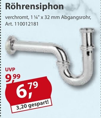 Sonderpreis Baumarkt Röhrensiphon verchromt, 1 1/4" x 32 mm Abgangsrohr Angebot