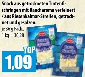 Mix Markt Snack aus getrockneten Tintenfischringen mit Raucharoma verfeinert 36 g Pack. Angebot