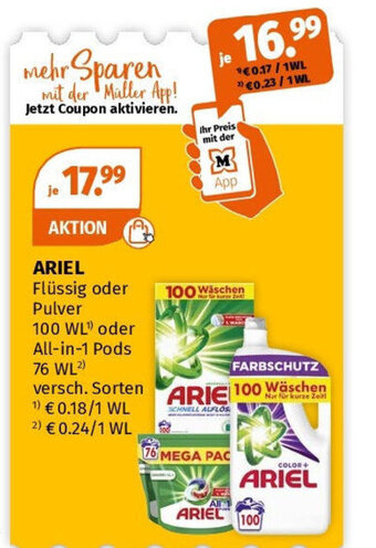 Müller ARIEL Flüssig oder Pulver 100 WL oder All-in-1 Pods 76 WL Angebot