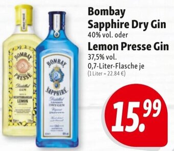 Nah & Frisch Bombay Sapphire Dry Gin oder Lemon Presse Gin 0,7 Liter Flasche Angebot