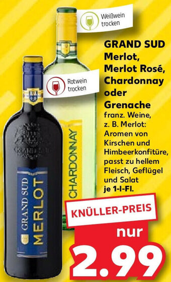 Kaufland GRAND SUD Merlot, Merlot Rosé, Chardonnay oder Grenache 1 L-Fl. Angebot