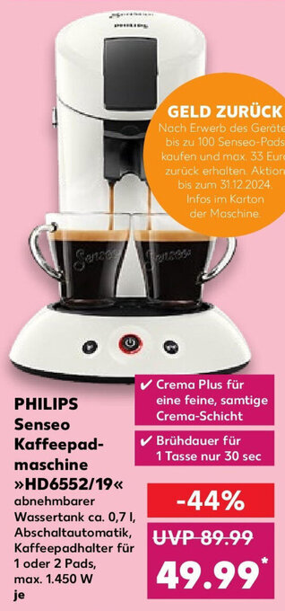 Kaufland PHILIPS Senseo Kaffeepadmaschine HD6552/19 Angebot