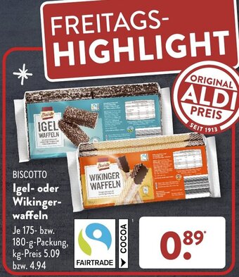 Aldi Süd BISCOTTO Igel-oder Wikingerwaffeln 175-180 g Packung Angebot