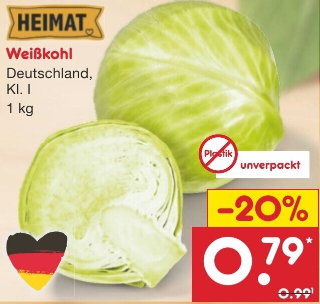 HEIMAT Weißkohl 1 kg Angebot bei Netto MarkenDiscount