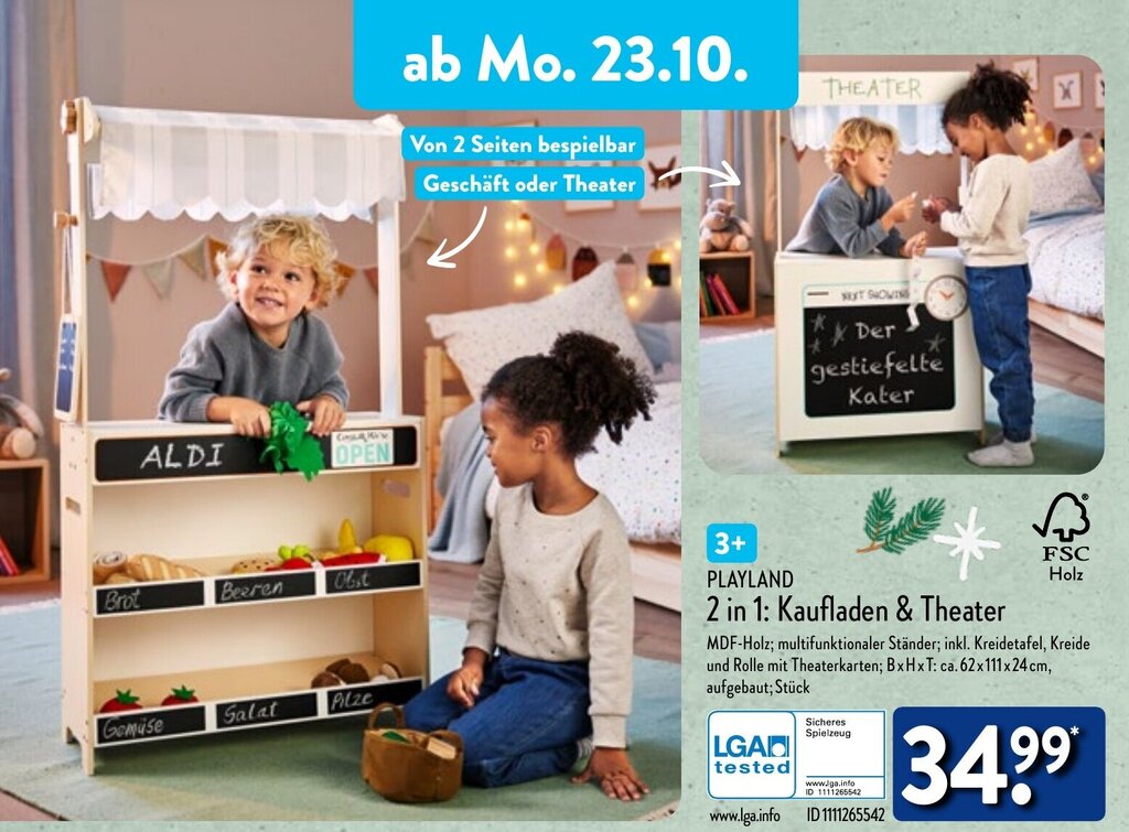 PLAYLAND 2 in 1 Kaufladen & Theater Angebot bei Aldi Nord