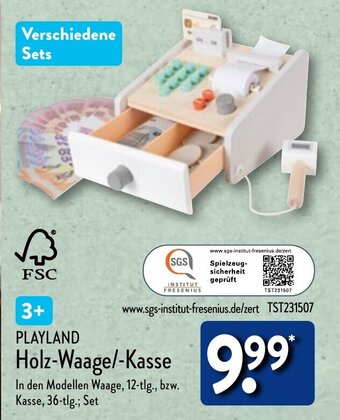 Aldi Nord PLAYLAND Holz-Waage/-Kasse 12 tlg. Angebot