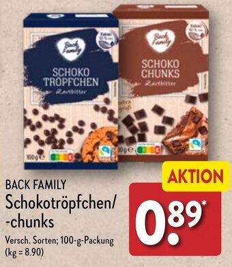 Aldi Nord BACK FAMILY Schokotröpfchen/ -chunks 100 g Packung Angebot
