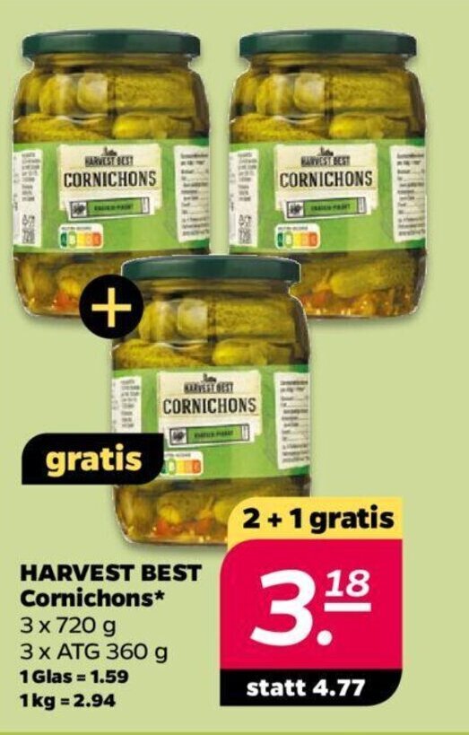 HARVEST BEST Cornichons 3 x 720 g Angebot bei NETTO