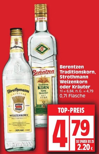 Edeka Berentzen Traditionskorn, Strothmann Weizenkorn oder Kräuter 0,7 L Flasche Angebot