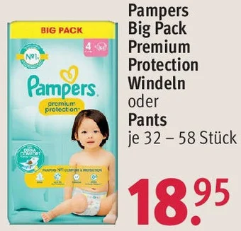 Rossmann Pampers Big Pack Premium Protection Windeln oder Pants 32 - 58 Stück Angebot