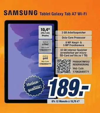 Expert Bening Samsung Tablet Galaxy Tab A7 Wif-fi Angebot