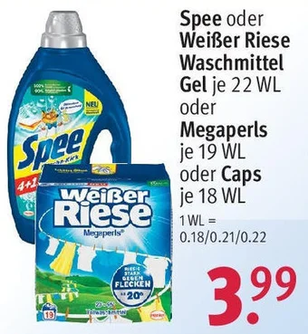 Rossmann Spee oder Weißer Riese Waschmittel Gel 22 WL oder Megaperls je 19 WL oder Caps 18 WL Angebot