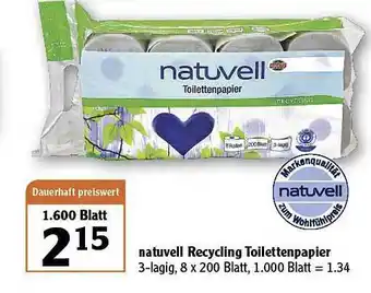 Globus Natuvell Recycling Toilettenpapier Angebot