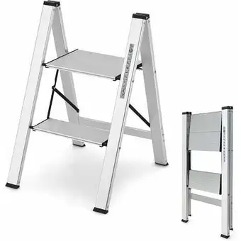 ManoMano Costway trittleiter 2 stufen stehleiter, aluminium klappleiter bis 150 kg, klapptritt klappbar & rutschfest, leiter tritthock Angebot