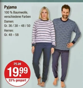 V Markt Pyjama 100% Baumwolle, verschiedene Farben Damen: Gr. 36/38-48/50 Herren: Gr. 48-58 Angebot