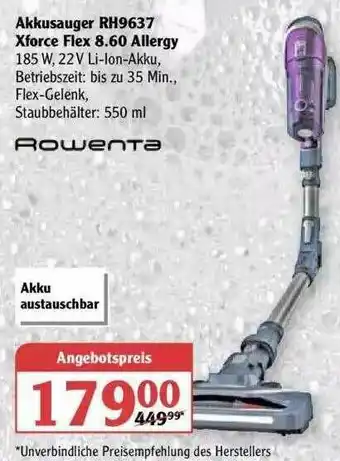 Globus Akkusauger Rh9637 Xforce Flex 860 Allergy Rowenta Angebot